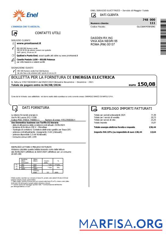 Printable Italy Enel electricity business utility bill template in Word and PDF formats